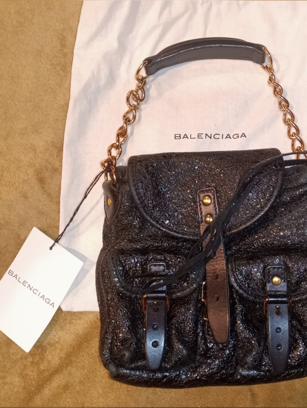 NWT Balenciaga Black Shimmery Leather Mini City  Bag with Gold Chain & Dustbag